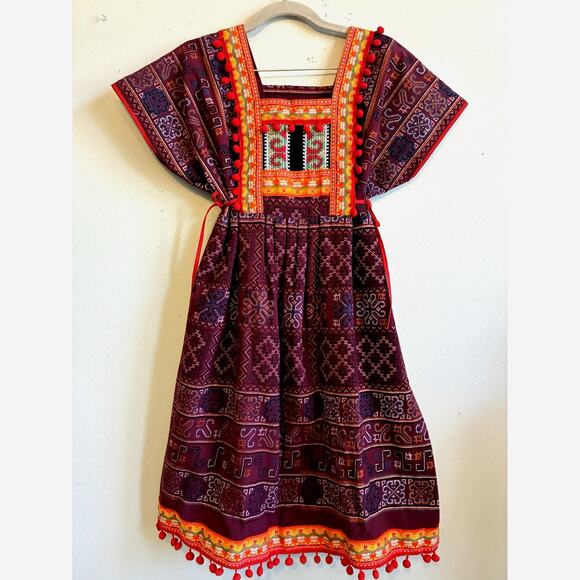 Huipil Kaftan Handwoven Dress Woven M/L Short Striped Embroidered Tie Waist Boho - Picture 1 of 13